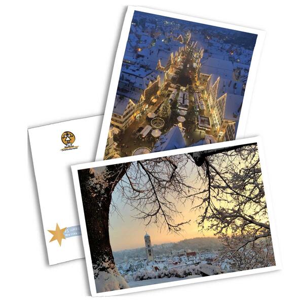 zwei winterlich weihnachtliche Postkarten kostenlos zum mitnehmen an den Weihnachtshütten